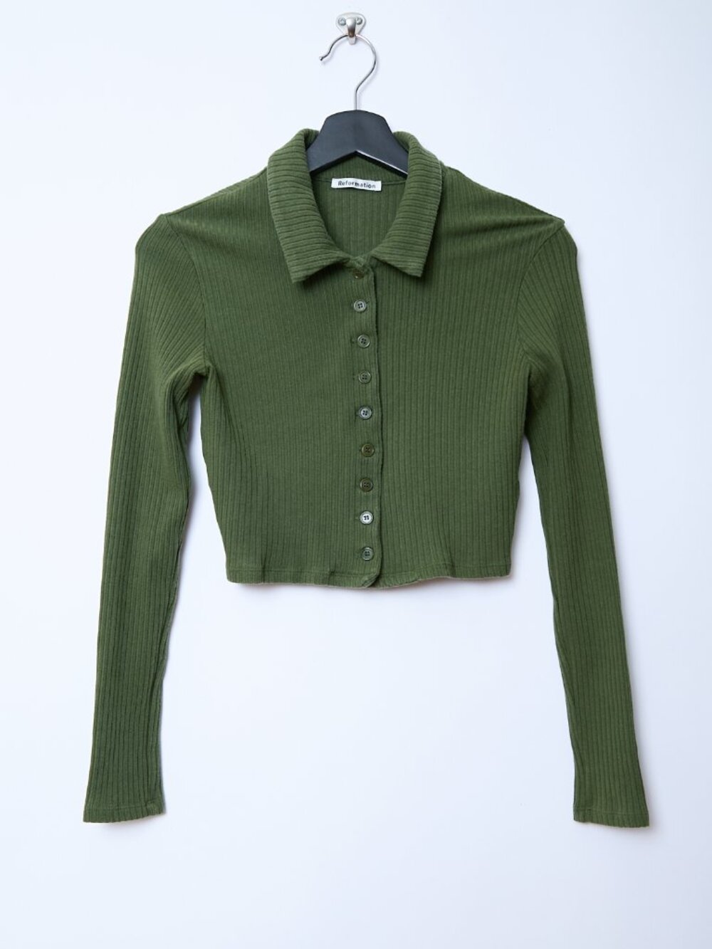 Reformation Collared Olive Green Long Sleeve Ribbed Cropped Button Up Cardigan S
